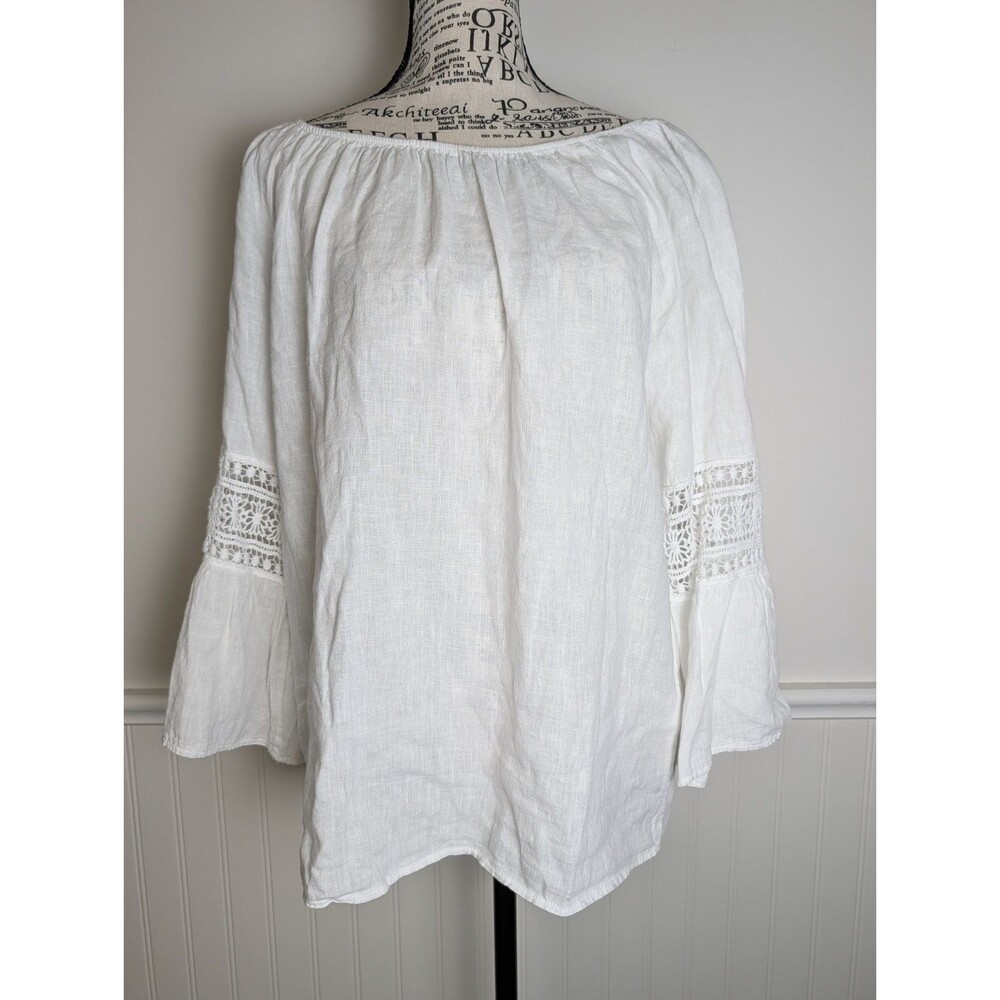 Alessia Pacini White Linen Top Peasant Bell Eyelet Sleeve Blouse Womens M